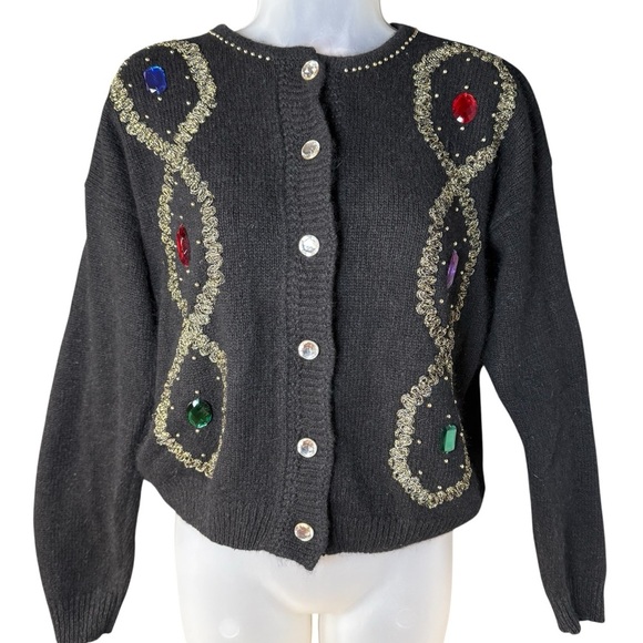 80s Bling Casino Grandma Cardigan Black Beaded Jewel Button Silk Angora Small S - Picture 1 of 9